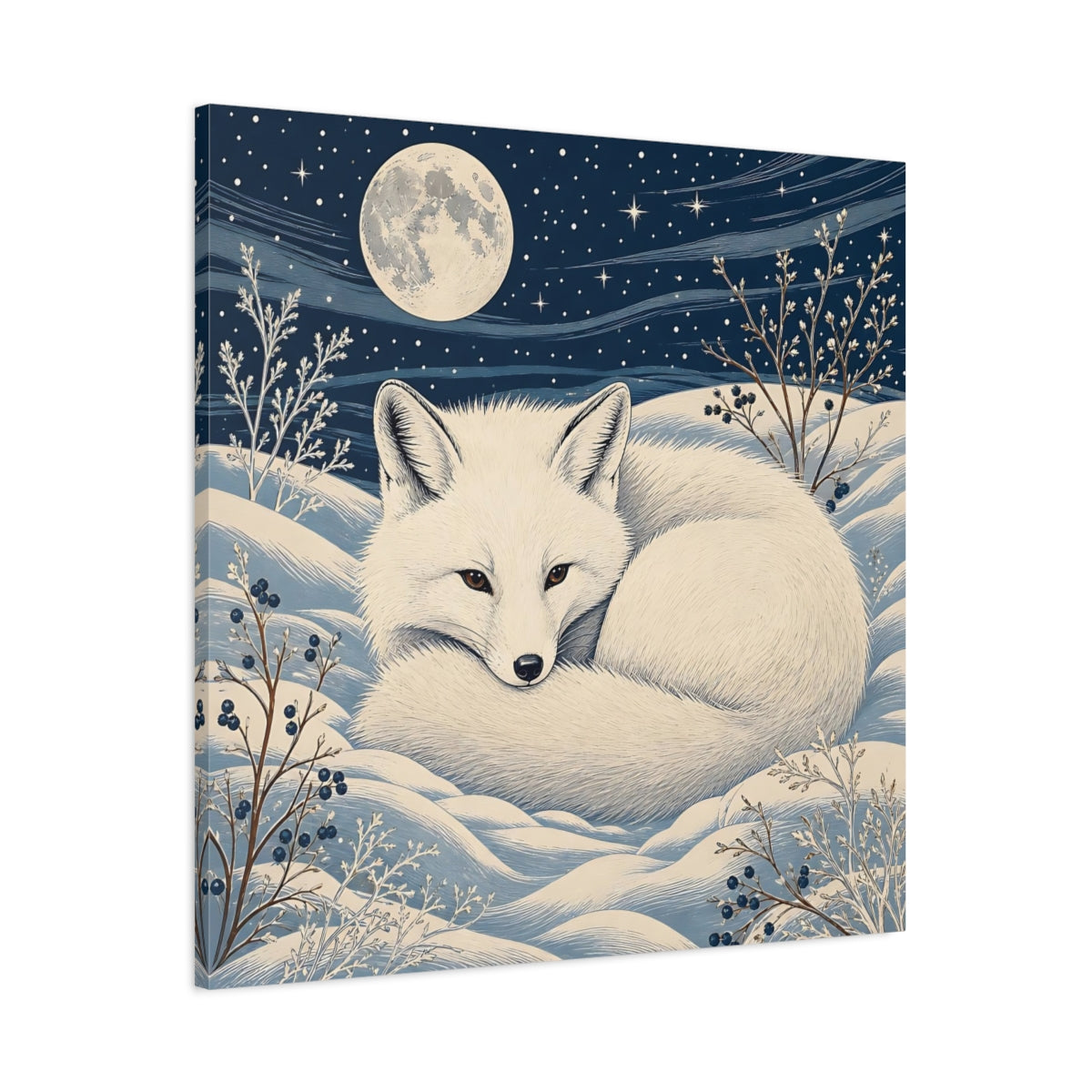 Main Mockup. Animals White Fox Blue And White shown as stretched canvas wall art
