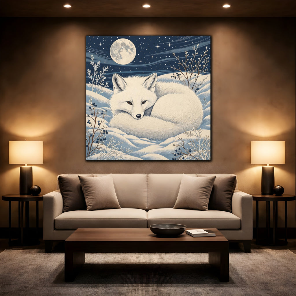 Mockup 2. Animals White Fox Blue And White shown as stretched canvas wall art