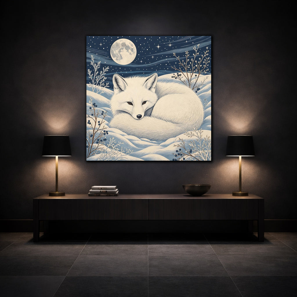 Mockup 3. Animals White Fox Blue And White shown as stretched canvas wall art