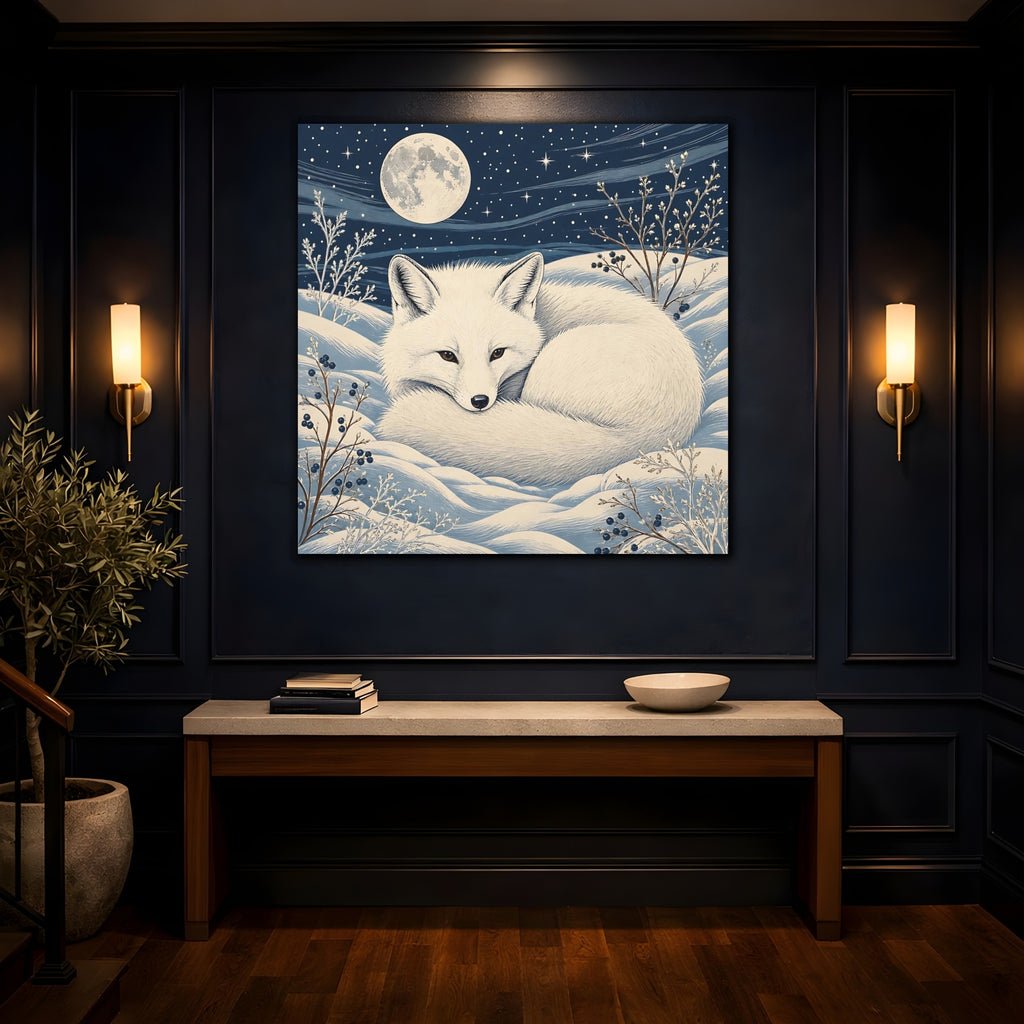 Mockup 4. Animals White Fox Blue And White shown as stretched canvas wall art