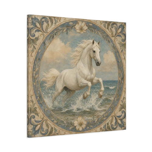 Main Mockup. Animals White Horse Blue And Beige Horse shown as stretched canvas wall art