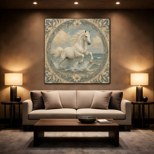 Mockup 2. Animals White Horse Blue And Beige Horse shown as stretched canvas wall art