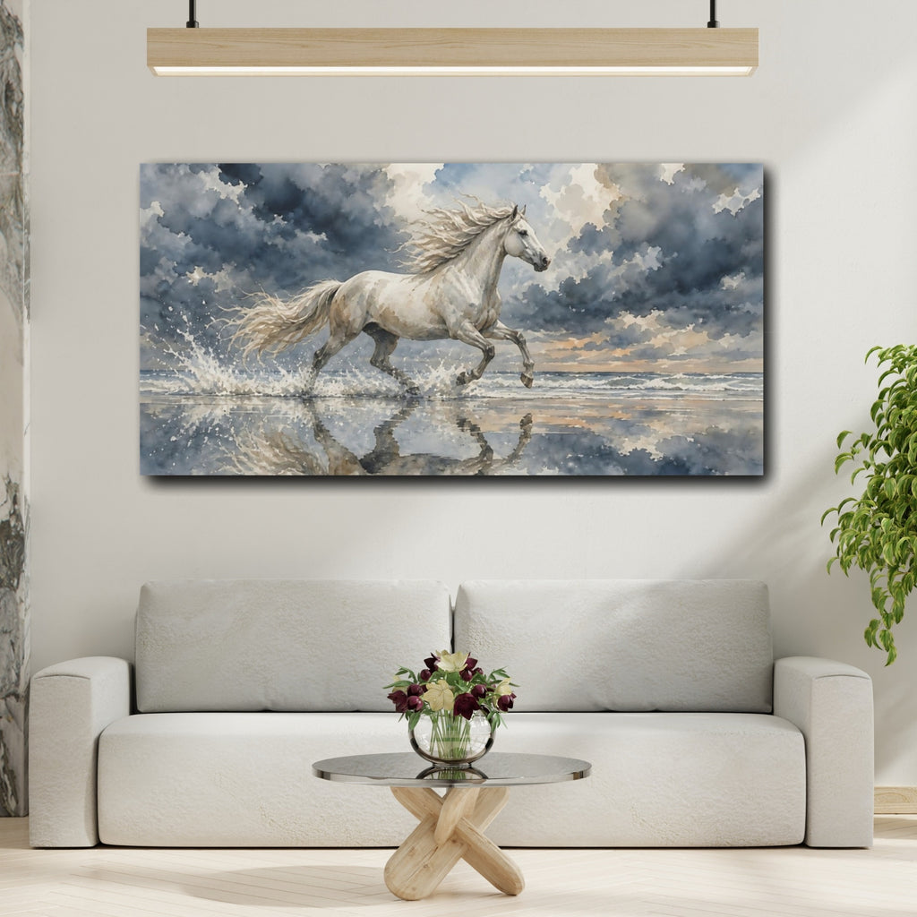 Mockup 2. Animals White Horse White Horse shown as stretched canvas wall art