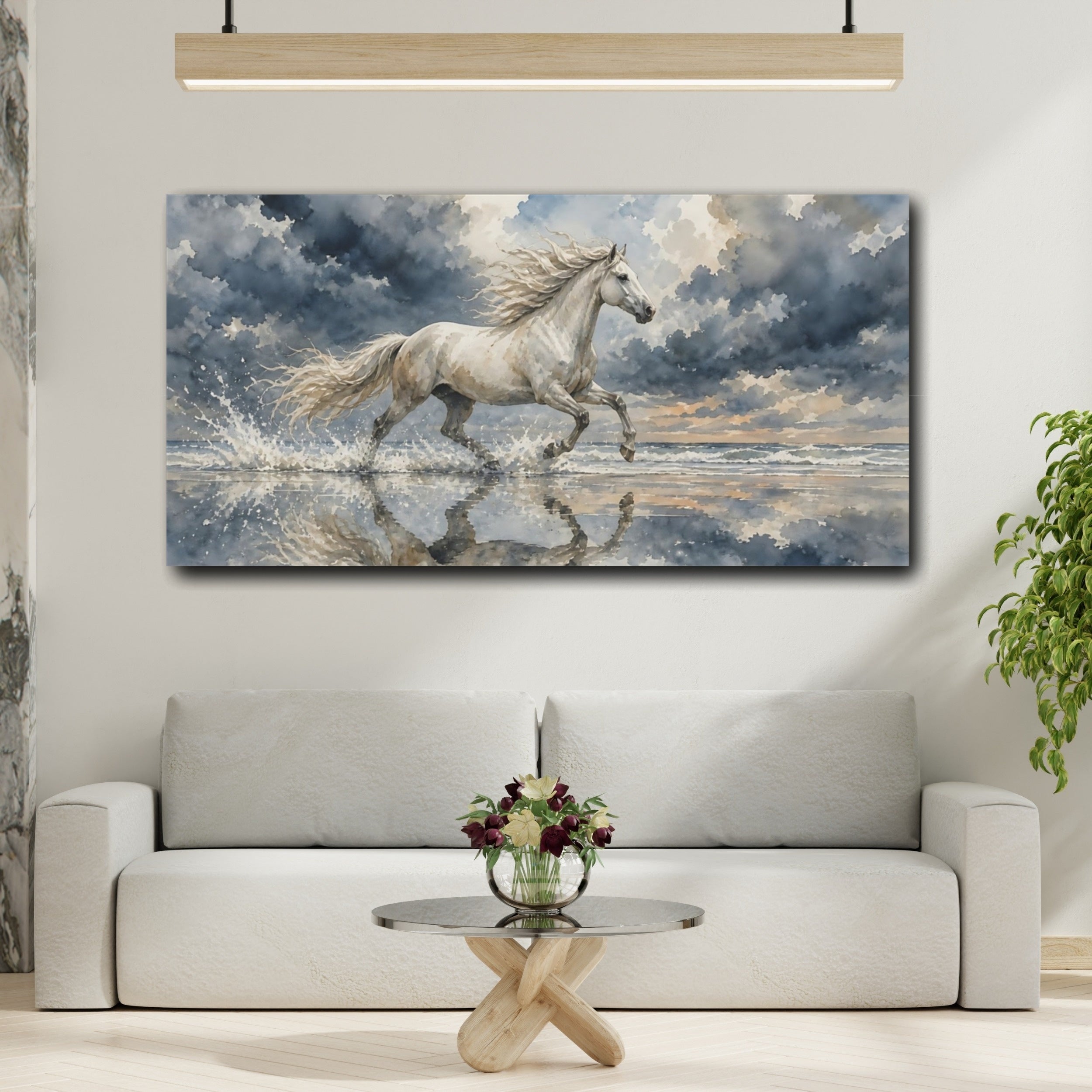 Mockup 2. Animals White Horse White Horse shown as stretched canvas wall art