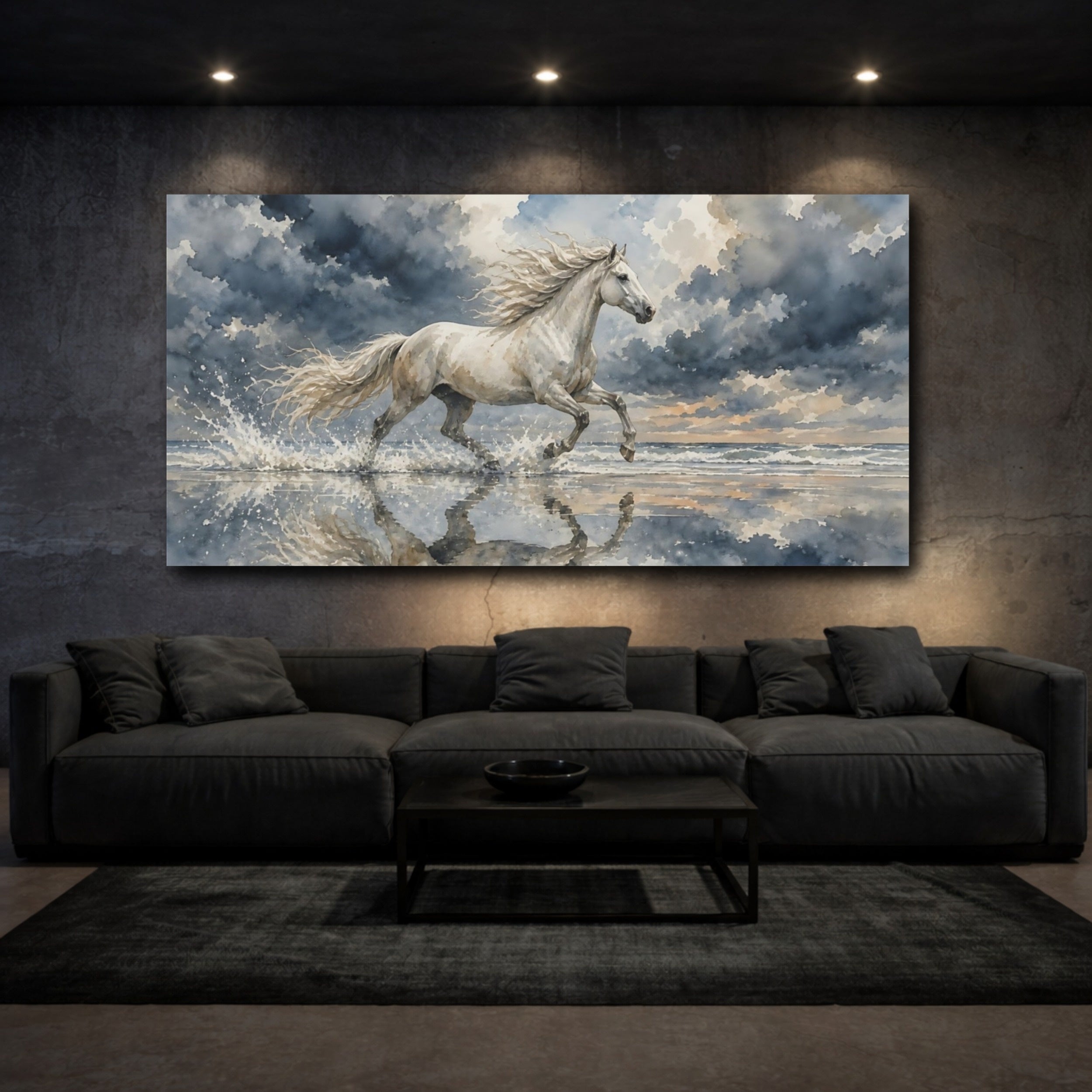 Mockup 3. Animals White Horse White Horse shown as stretched canvas wall art