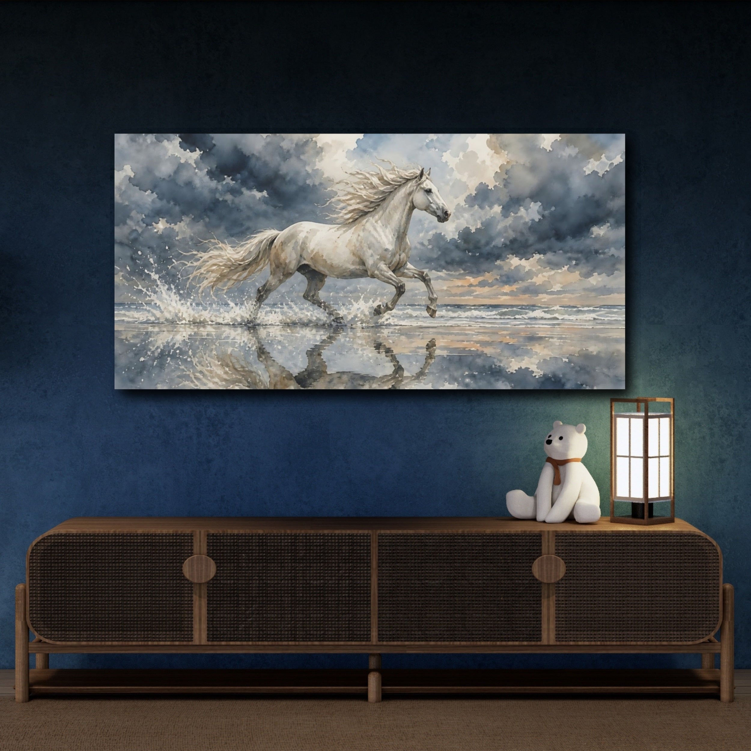 Mockup 4. Animals White Horse White Horse shown as stretched canvas wall art