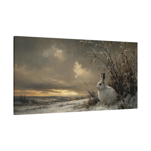 Main Mockup. Animals White Rabbit Winter Wildlife shown as stretched canvas wall art