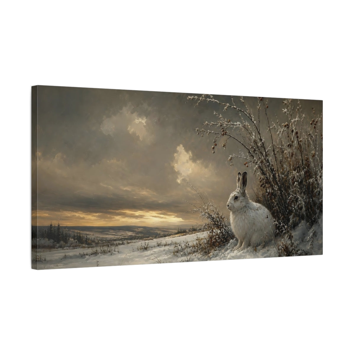 Side Mockup 1. Animals White Rabbit Winter Wildlife shown as stretched canvas wall art