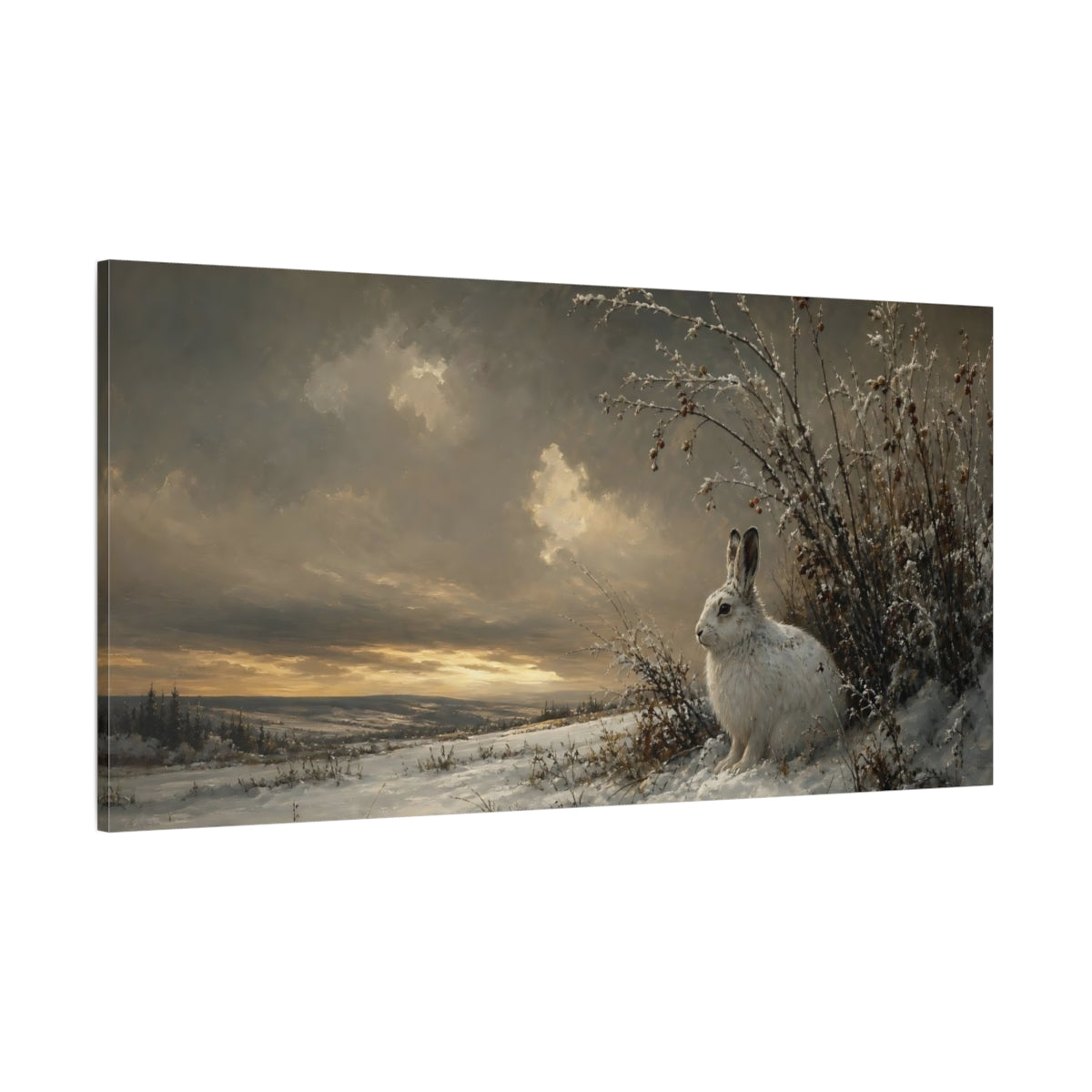 Side Mockup 2. Animals White Rabbit Winter Wildlife shown as stretched canvas wall art