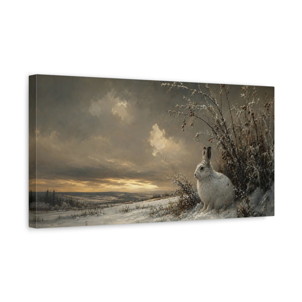 Side Mockup 3. Animals White Rabbit Winter Wildlife shown as stretched canvas wall art
