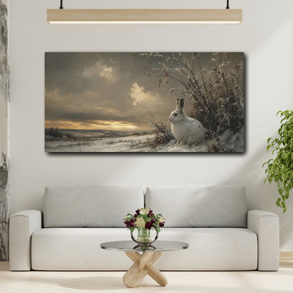 Mockup 2. Animals White Rabbit Winter Wildlife shown as stretched canvas wall art