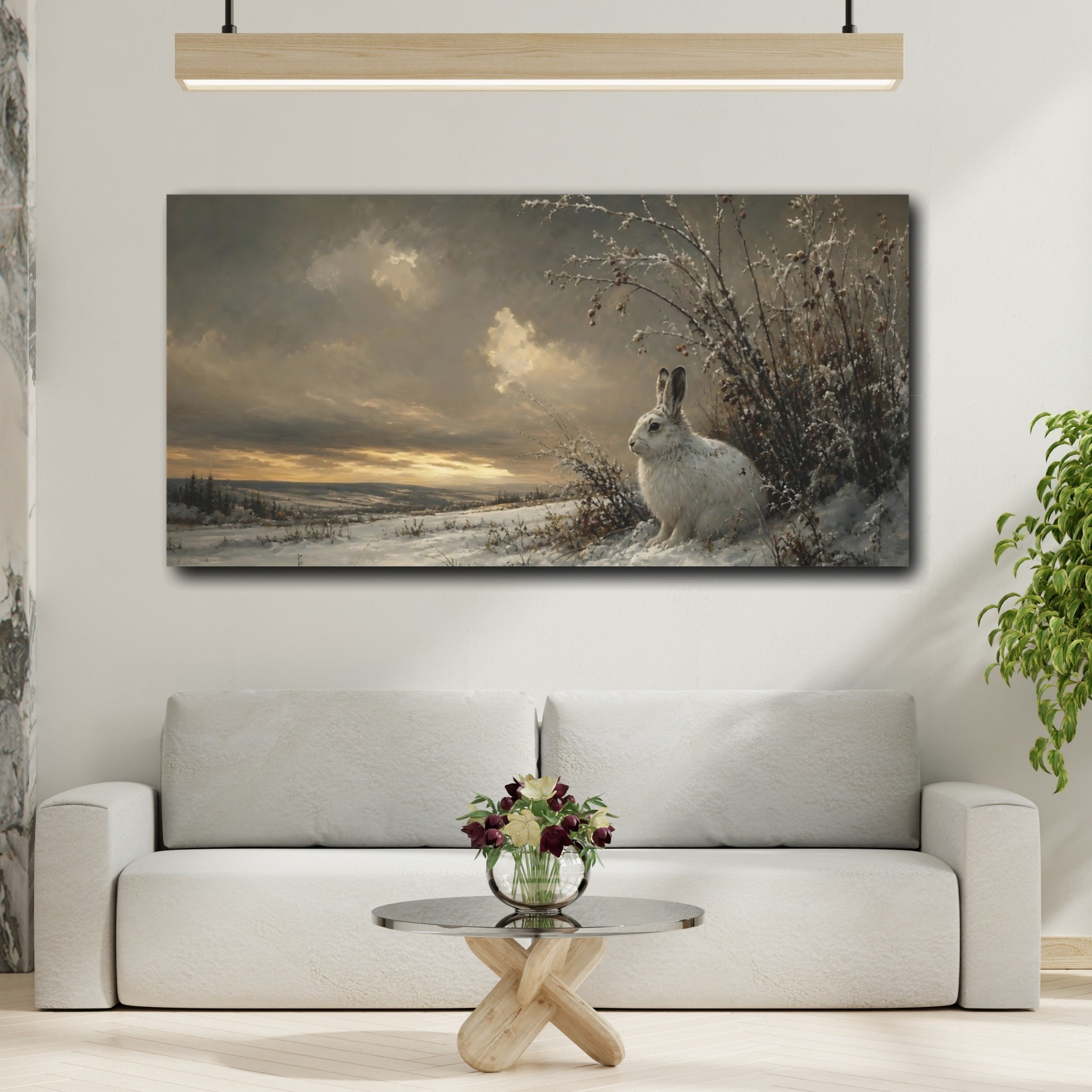 Mockup 2. Animals White Rabbit Winter Wildlife shown as stretched canvas wall art