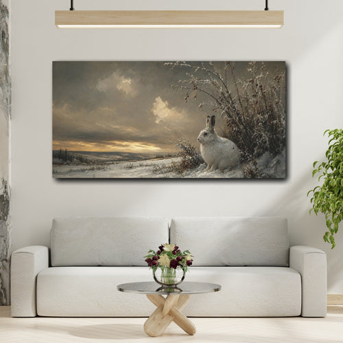 Mockup 2. Animals White Rabbit Winter Wildlife shown as stretched canvas wall art