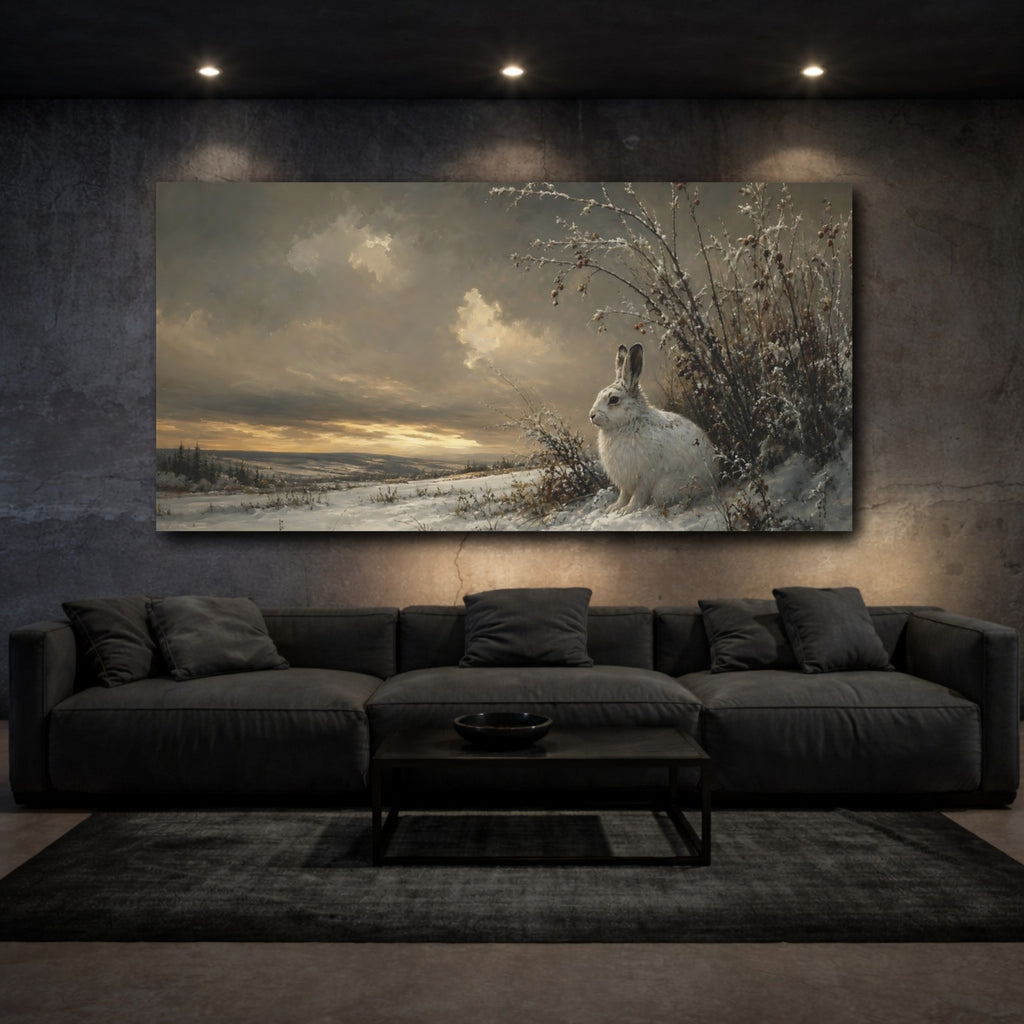 Mockup 3. Animals White Rabbit Winter Wildlife shown as stretched canvas wall art
