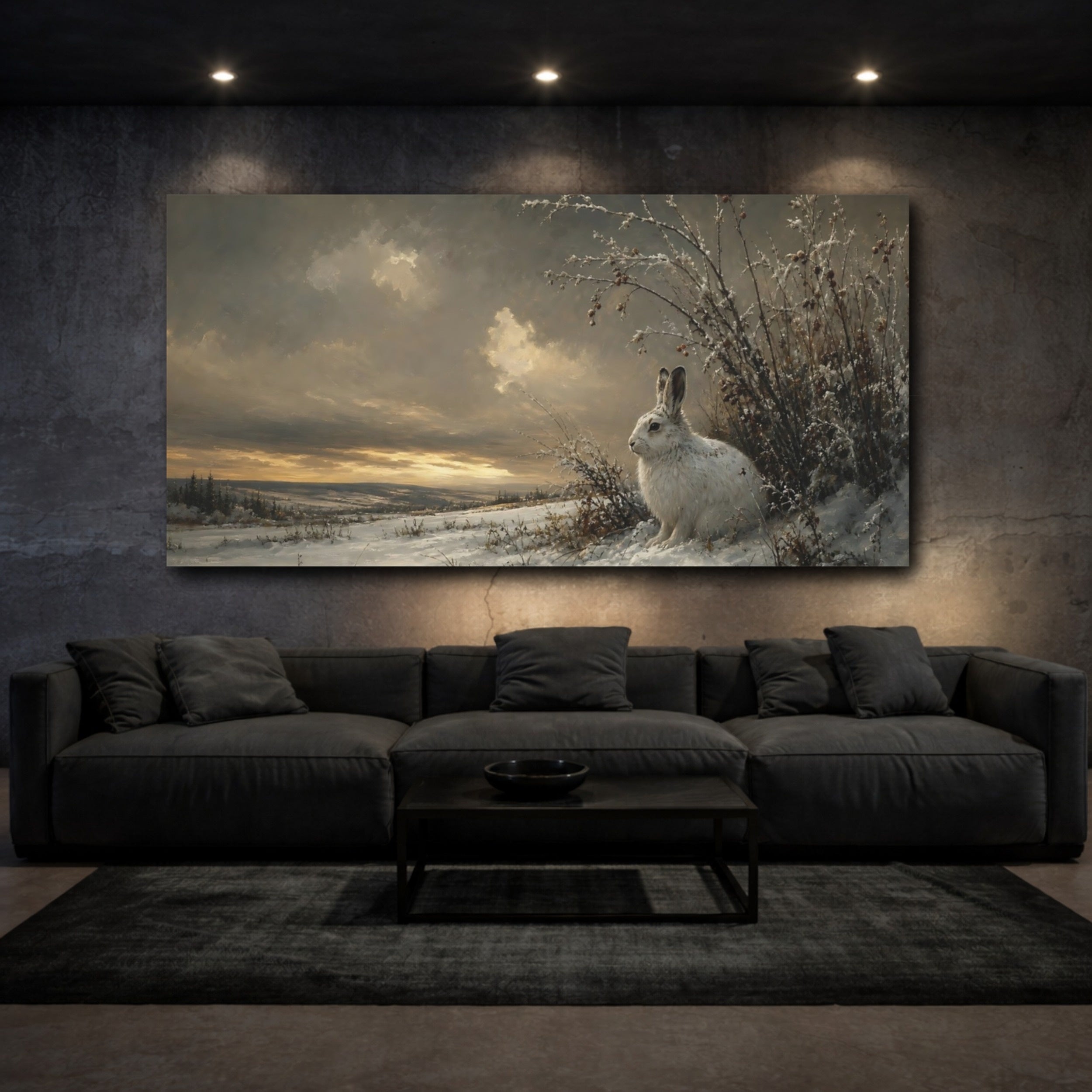 Mockup 3. Animals White Rabbit Winter Wildlife shown as stretched canvas wall art