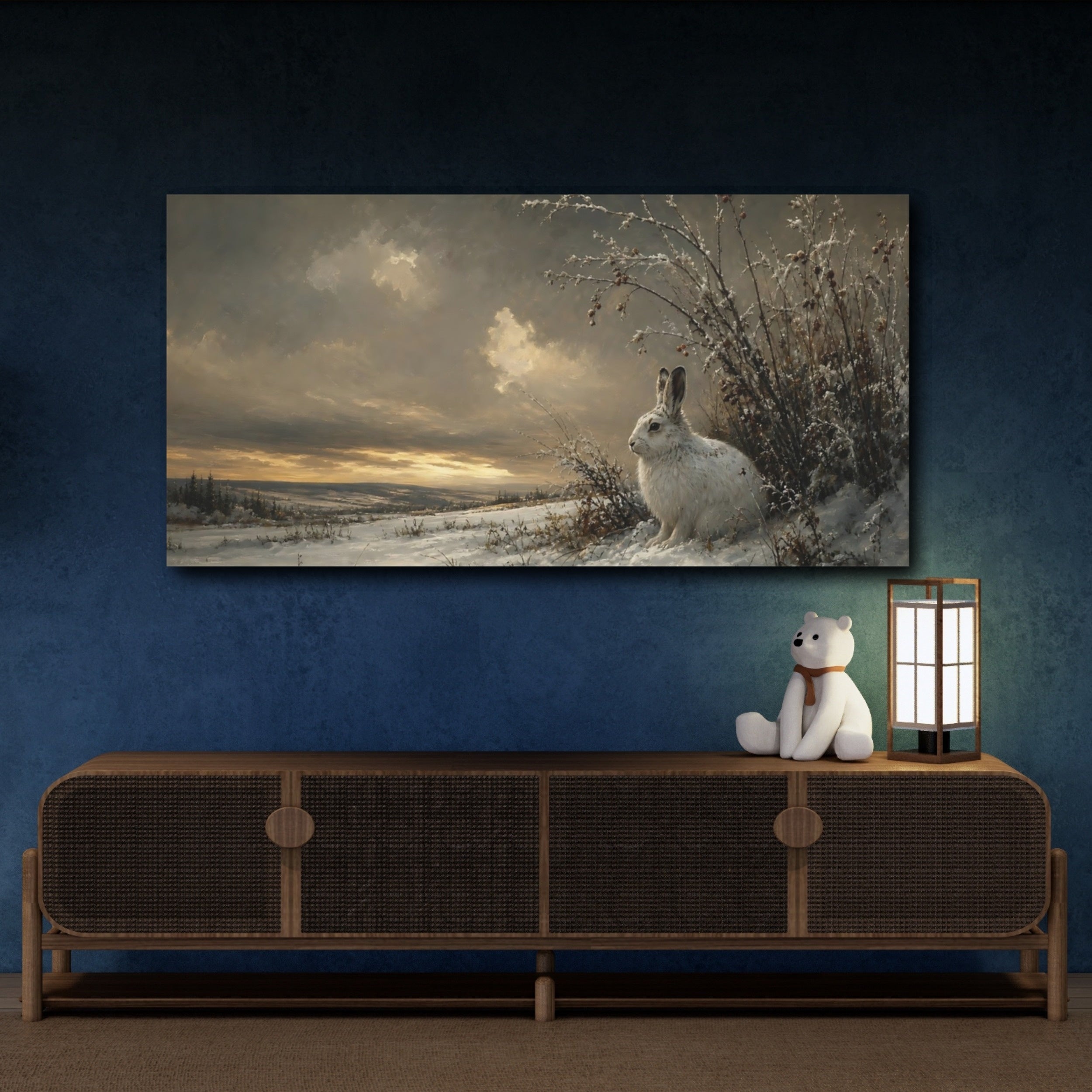 Mockup 4. Animals White Rabbit Winter Wildlife shown as stretched canvas wall art