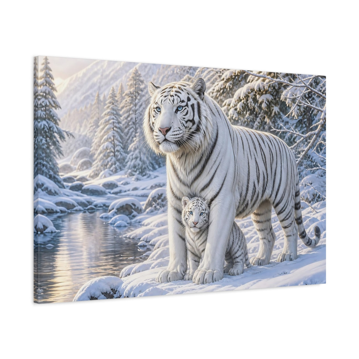 Main Mockup. Animals White Tigers White Tiger Winter shown as stretched canvas wall art