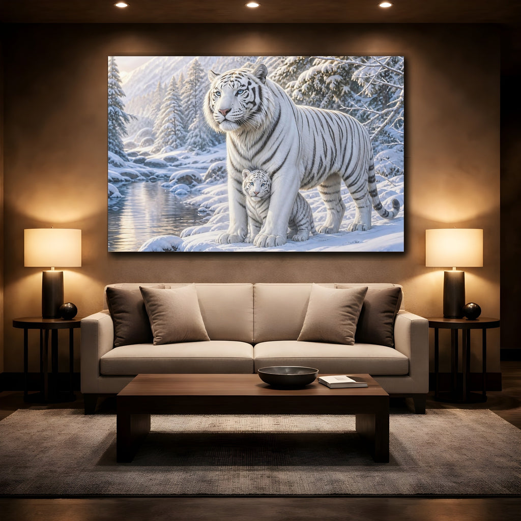 Mockup 2. Animals White Tigers White Tiger Winter shown as stretched canvas wall art
