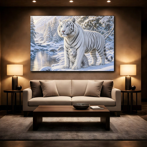 Mockup 2. Animals White Tigers White Tiger Winter shown as stretched canvas wall art