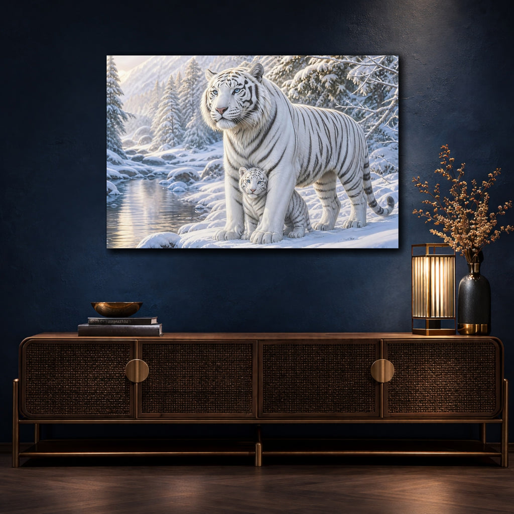 Mockup 4. Animals White Tigers White Tiger Winter shown as stretched canvas wall art