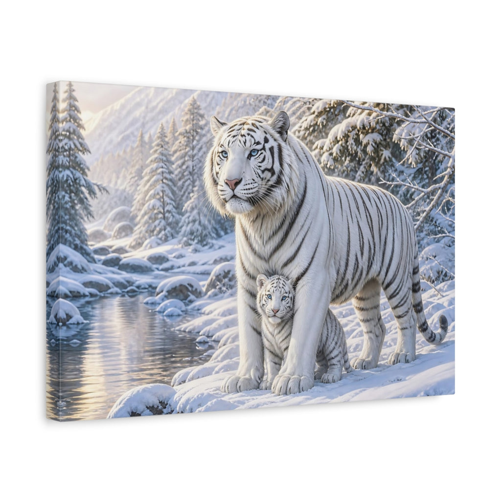 Side Mockup 4. Animals White Tigers White Tiger Winter shown as stretched canvas wall art