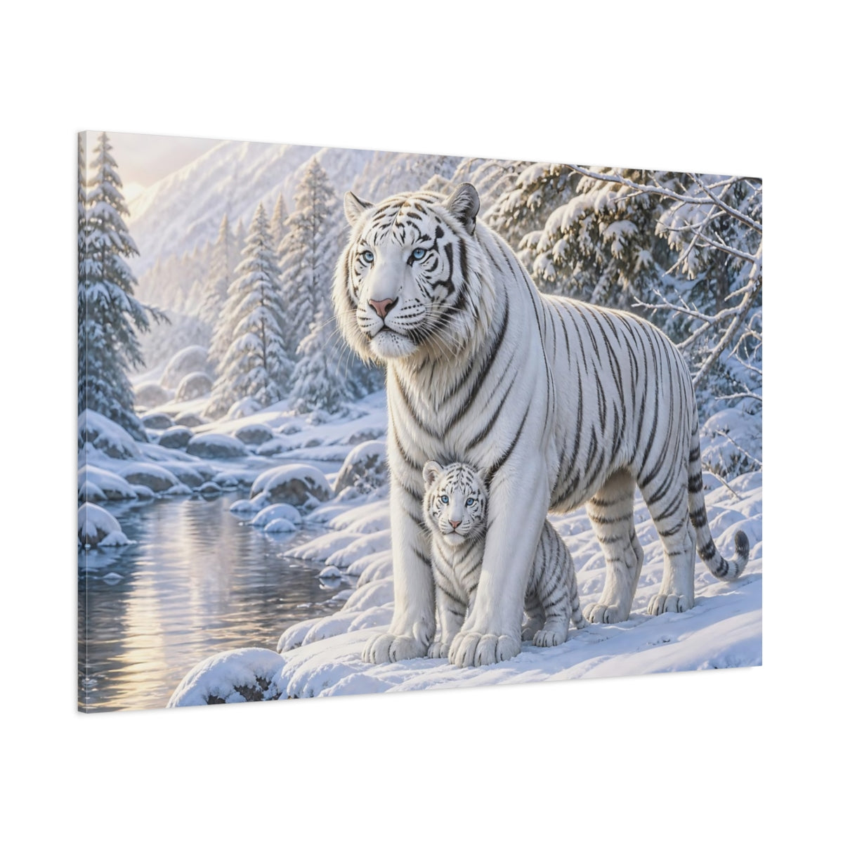 Side Mockup 1. Animals White Tigers White Tiger Winter shown as stretched canvas wall art