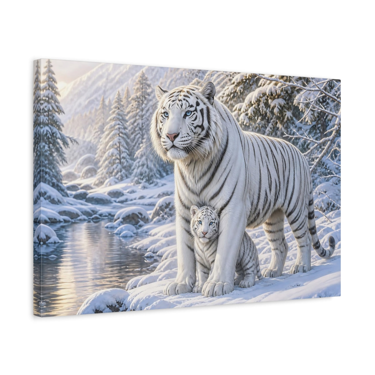 Side Mockup 3. Animals White Tigers White Tiger Winter shown as stretched canvas wall art