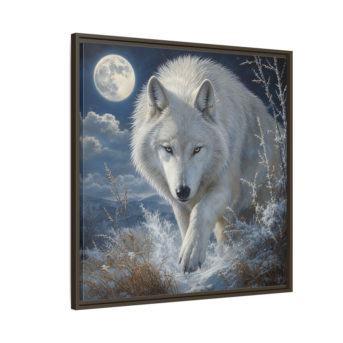 Side Mockup 8. Animals White Wolf White Wolf Snow shown as stretched canvas wall art