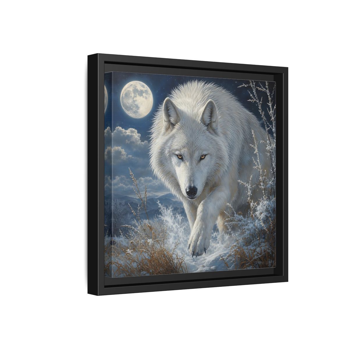 Side Mockup 18. Animals White Wolf White Wolf Snow shown as stretched canvas wall art