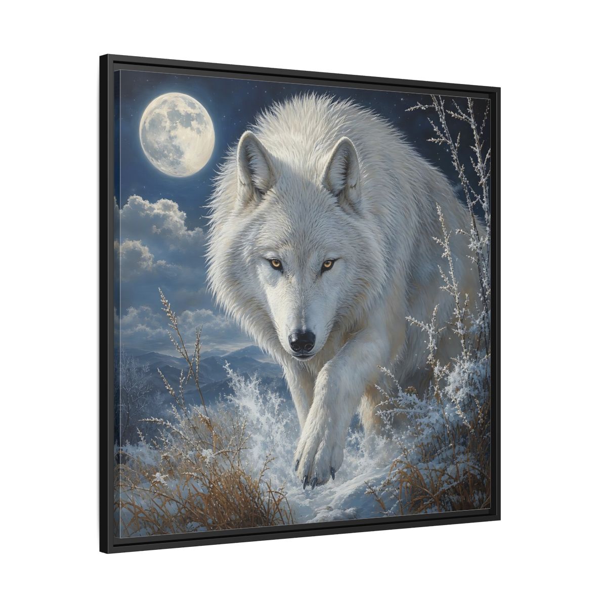 Side Mockup 30. Animals White Wolf White Wolf Snow shown as stretched canvas wall art