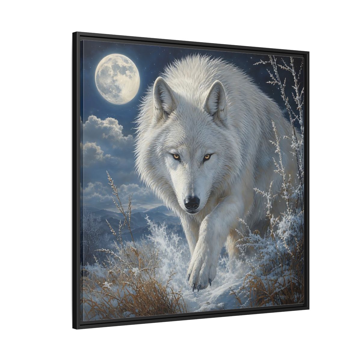 Side Mockup 6. Animals White Wolf White Wolf Snow shown as stretched canvas wall art