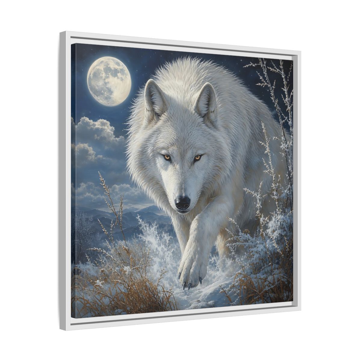 Side Mockup 26. Animals White Wolf White Wolf Snow shown as stretched canvas wall art