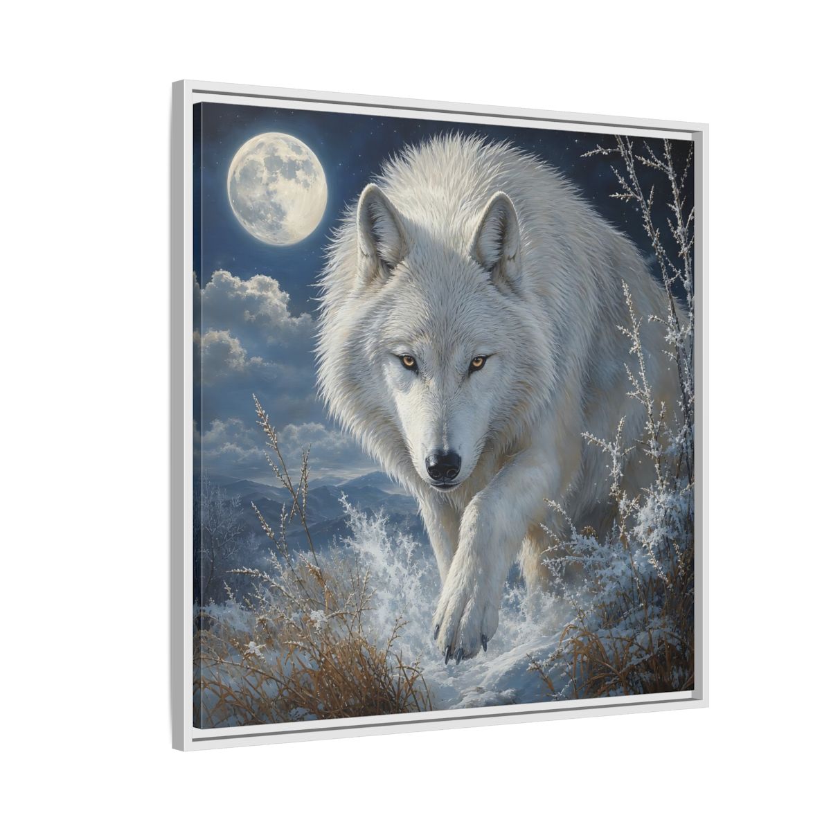 Side Mockup 7. Animals White Wolf White Wolf Snow shown as stretched canvas wall art