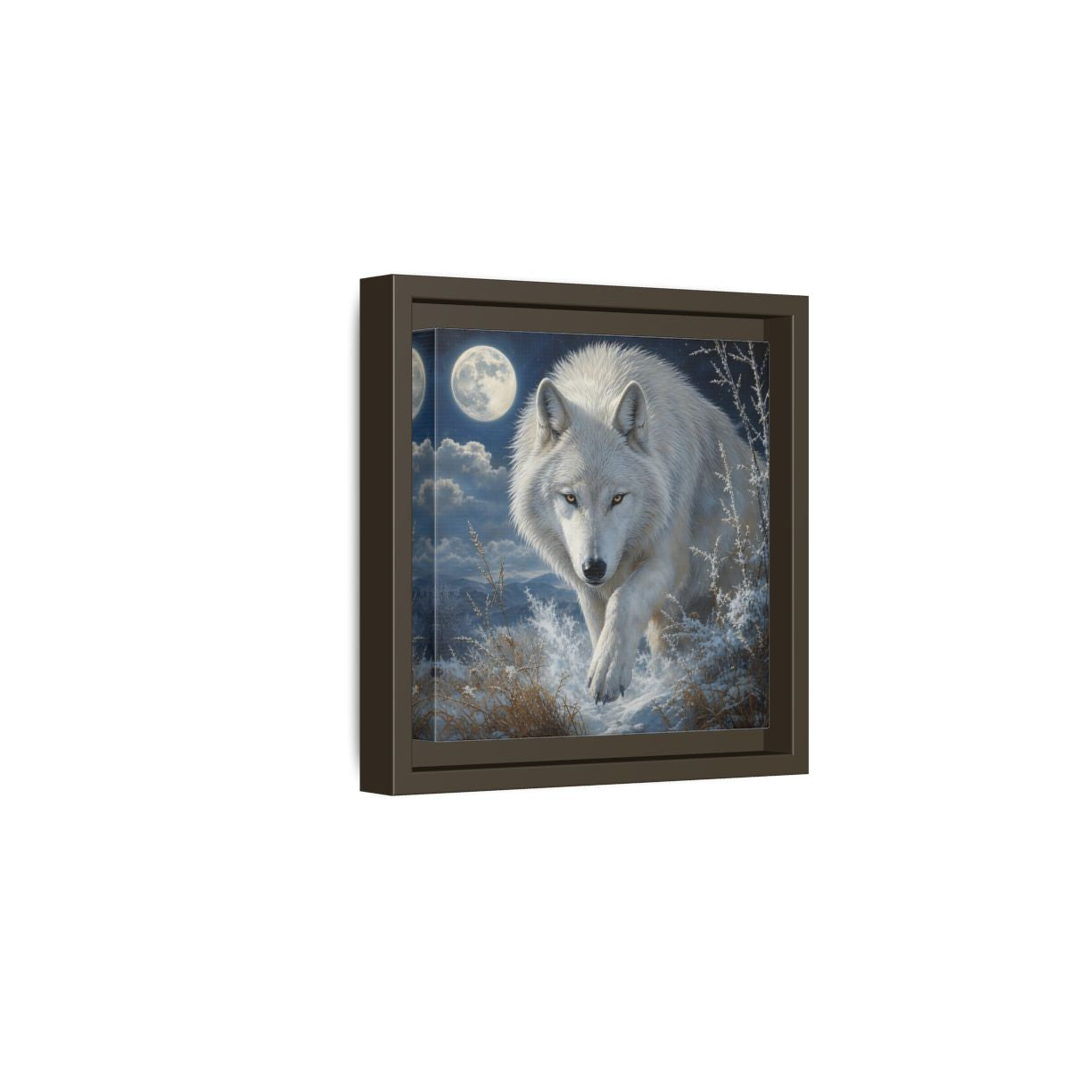 Side Mockup 2. Animals White Wolf White Wolf Snow shown as stretched canvas wall art
