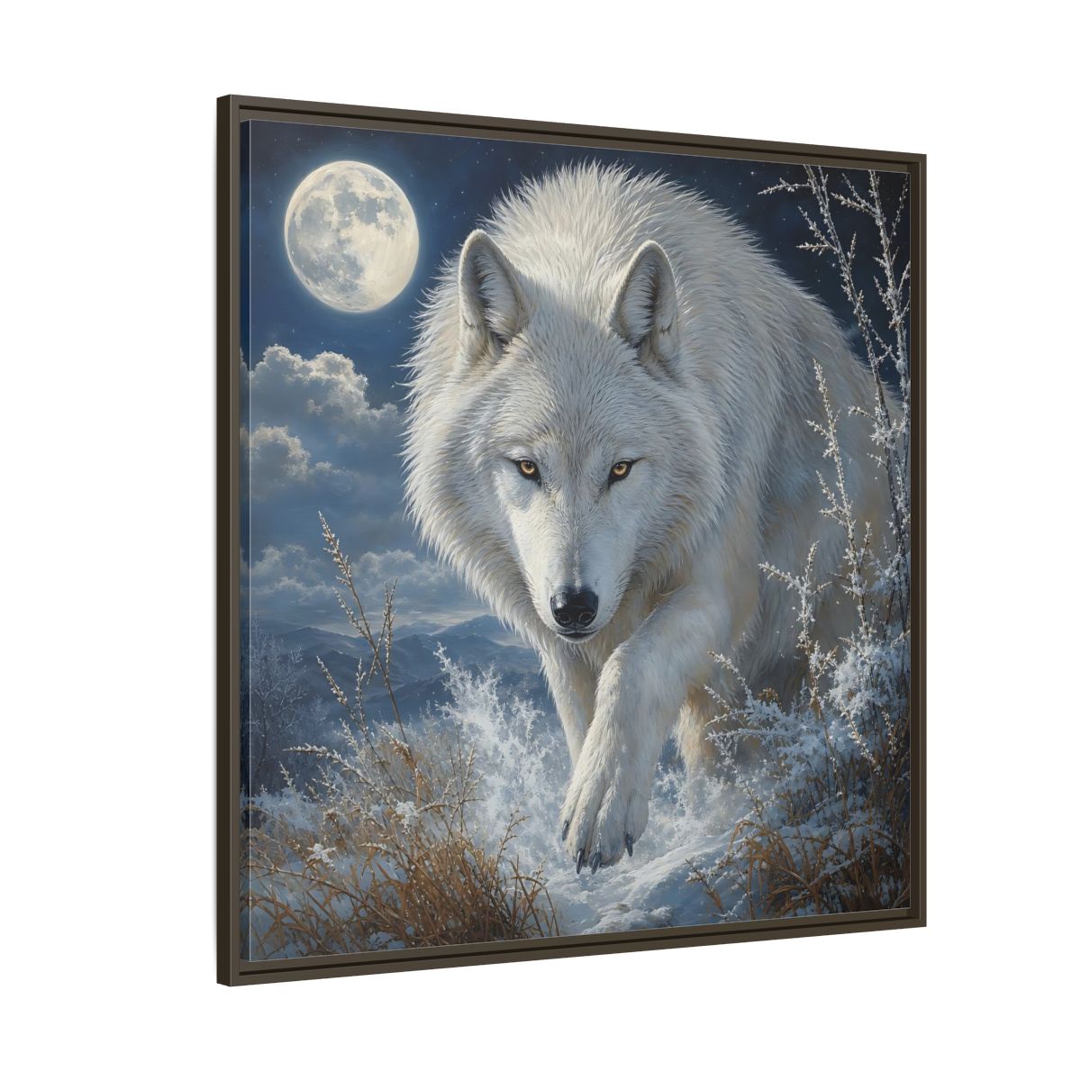 Side Mockup 5. Animals White Wolf White Wolf Snow shown as stretched canvas wall art