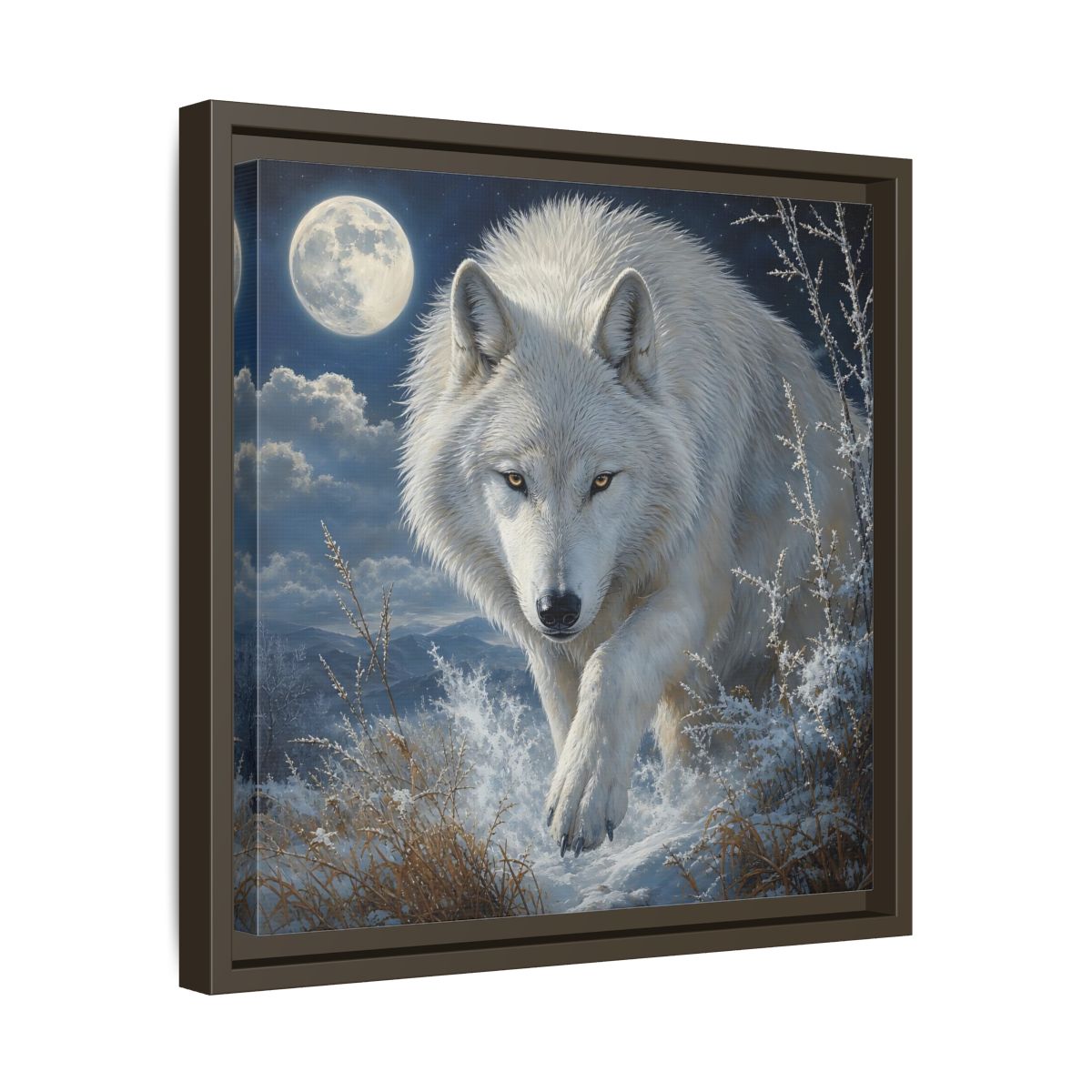 Side Mockup 29. Animals White Wolf White Wolf Snow shown as stretched canvas wall art