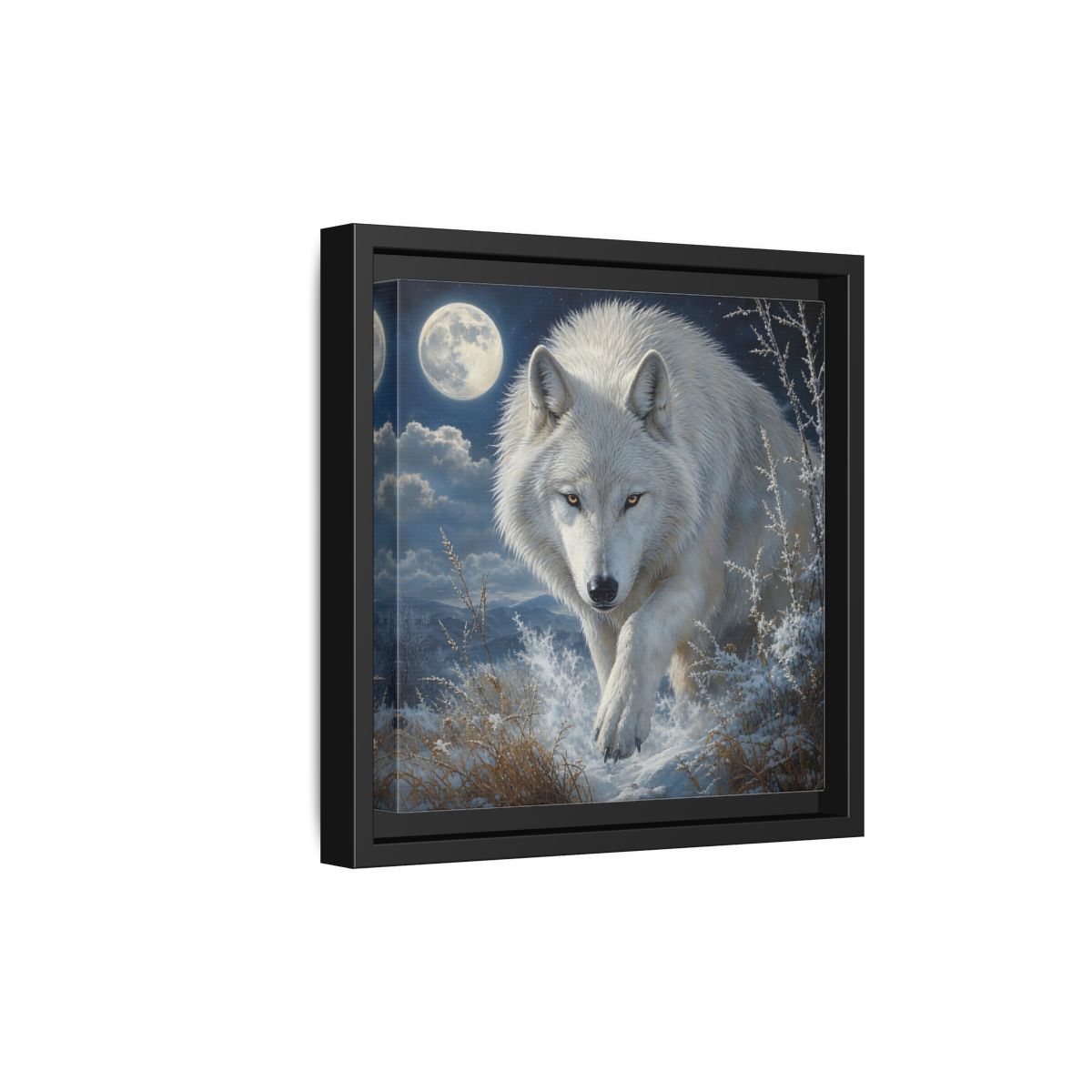 Side Mockup 21. Animals White Wolf White Wolf Snow shown as stretched canvas wall art