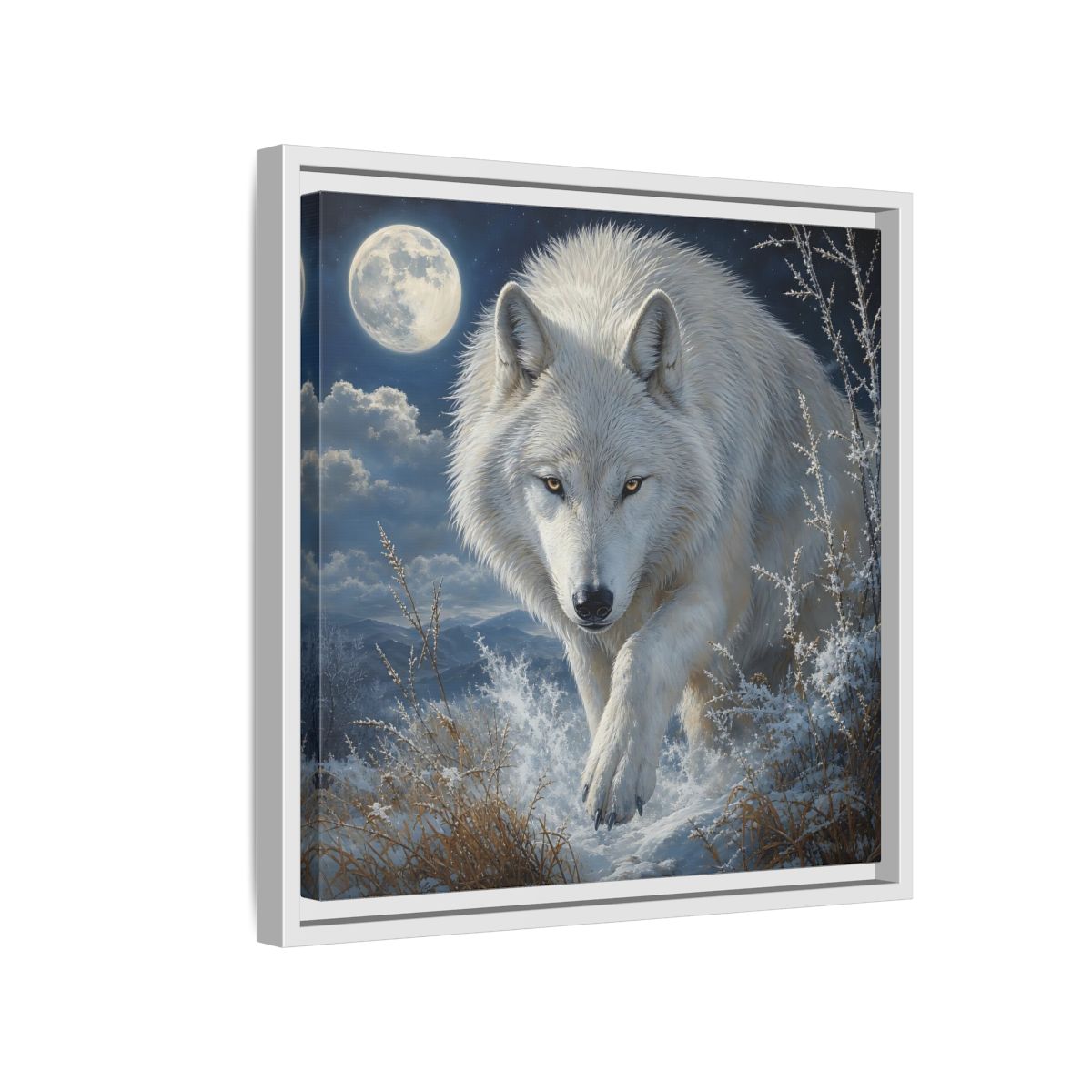 Side Mockup 13. Animals White Wolf White Wolf Snow shown as stretched canvas wall art