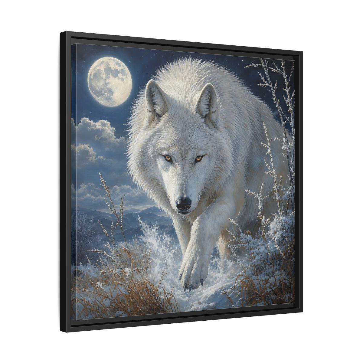 Side Mockup 31. Animals White Wolf White Wolf Snow shown as stretched canvas wall art