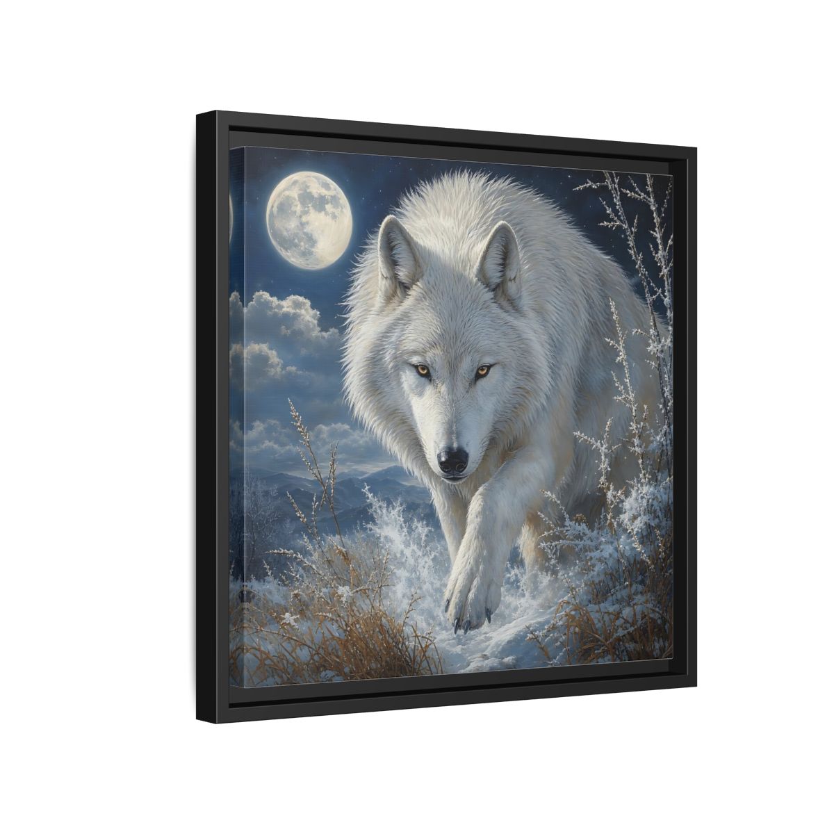 Side Mockup 15. Animals White Wolf White Wolf Snow shown as stretched canvas wall art