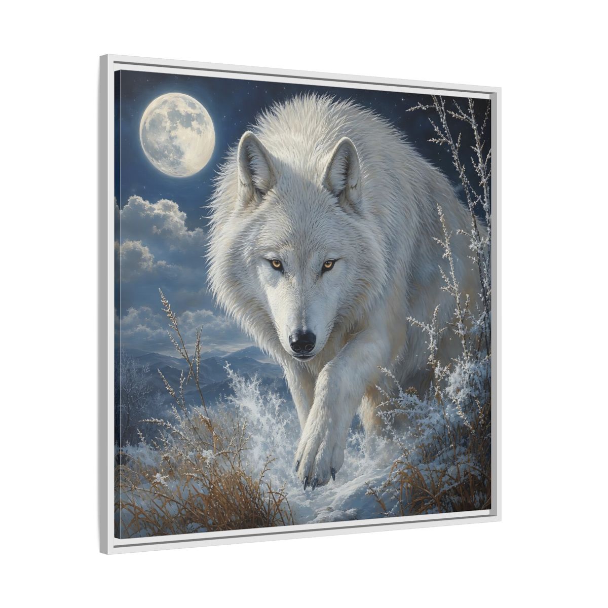 Side Mockup 25. Animals White Wolf White Wolf Snow shown as stretched canvas wall art