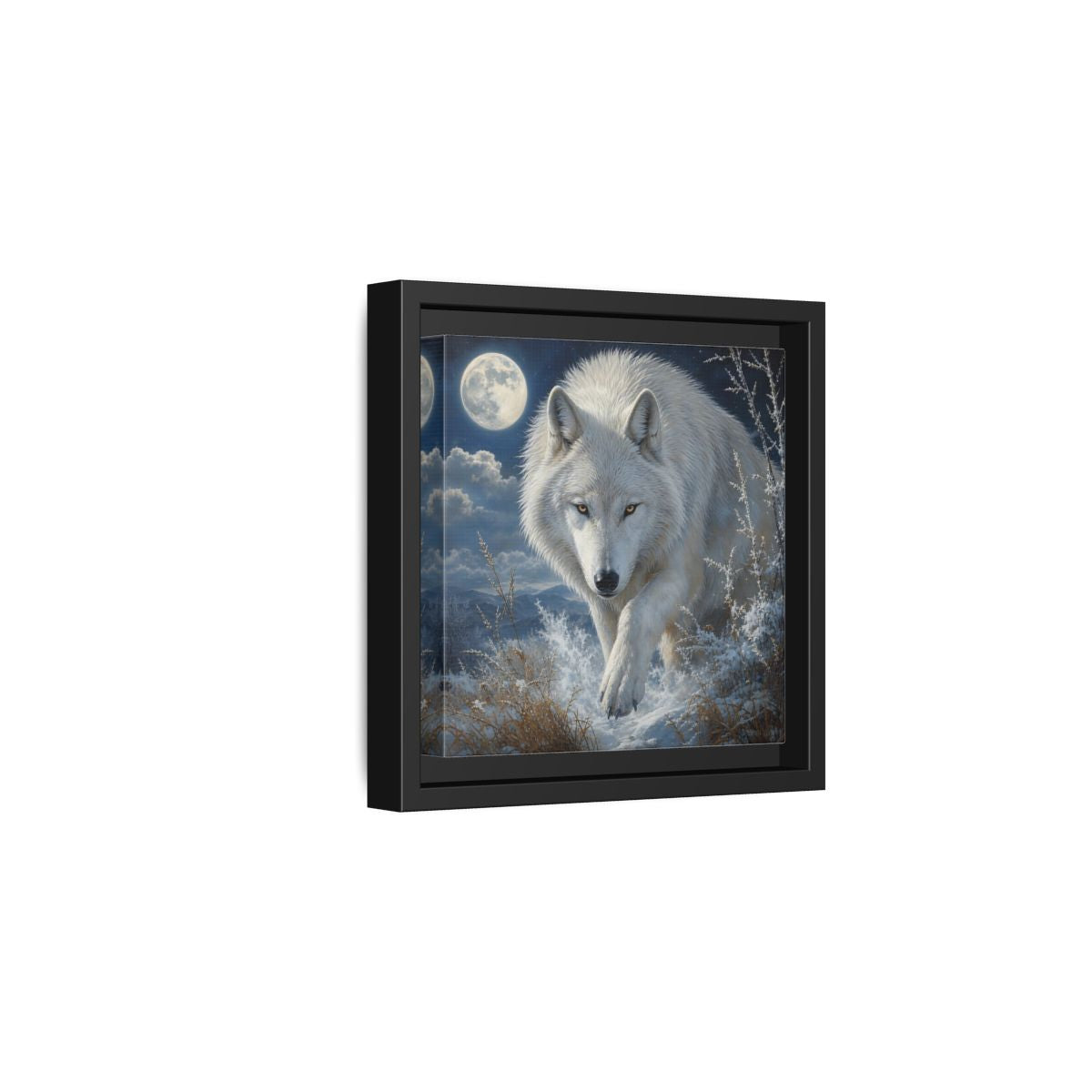 Side Mockup 3. Animals White Wolf White Wolf Snow shown as stretched canvas wall art
