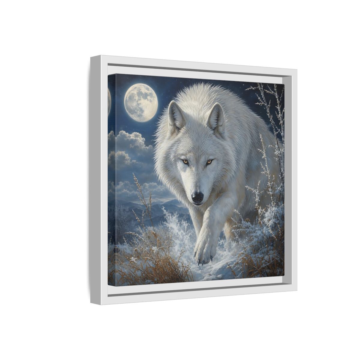 Side Mockup 16. Animals White Wolf White Wolf Snow shown as stretched canvas wall art