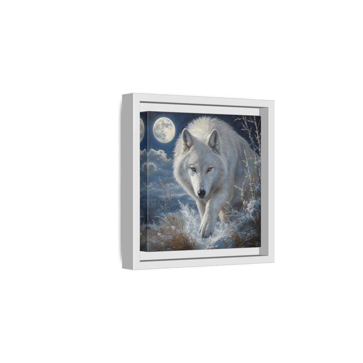 Side Mockup 1. Animals White Wolf White Wolf Snow shown as stretched canvas wall art