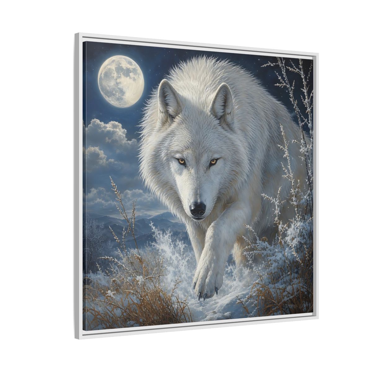 Side Mockup 4. Animals White Wolf White Wolf Snow shown as stretched canvas wall art