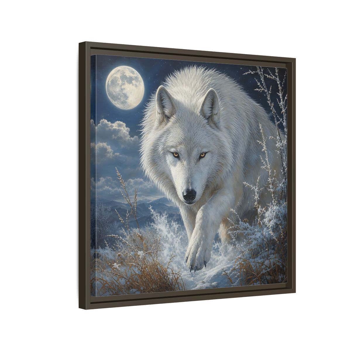 Side Mockup 11. Animals White Wolf White Wolf Snow shown as stretched canvas wall art
