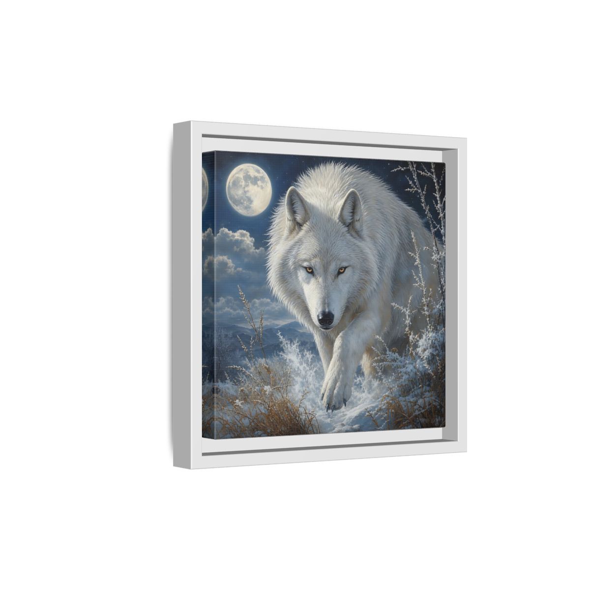 Side Mockup 19. Animals White Wolf White Wolf Snow shown as stretched canvas wall art