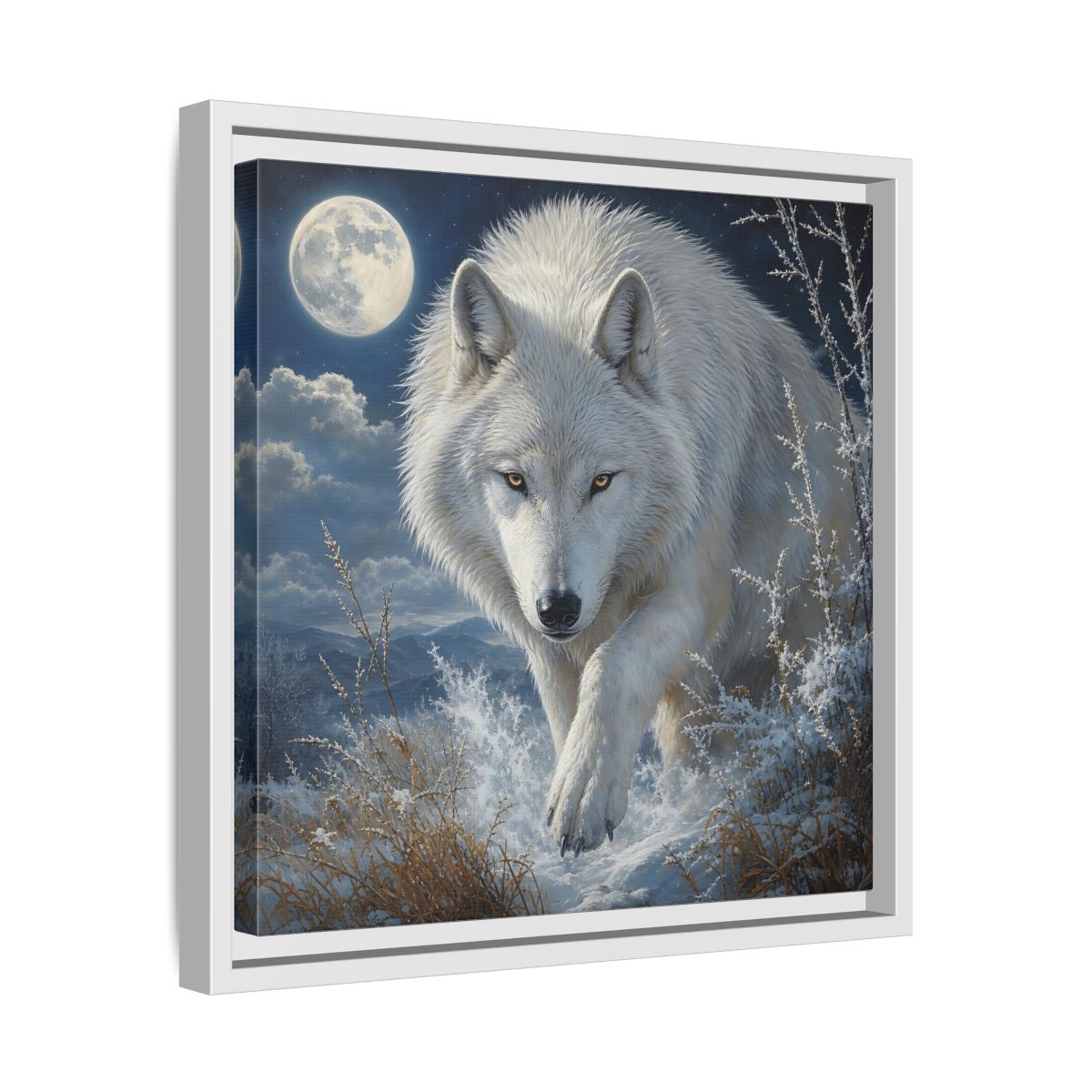 Side Mockup 28. Animals White Wolf White Wolf Snow shown as stretched canvas wall art