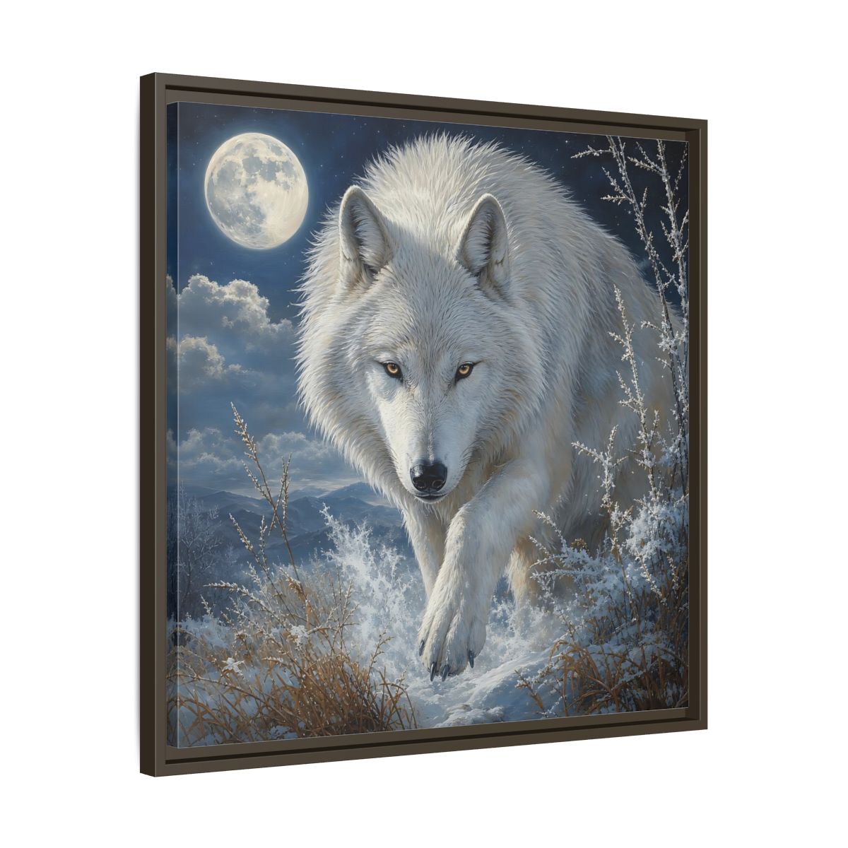 Side Mockup 27. Animals White Wolf White Wolf Snow shown as stretched canvas wall art