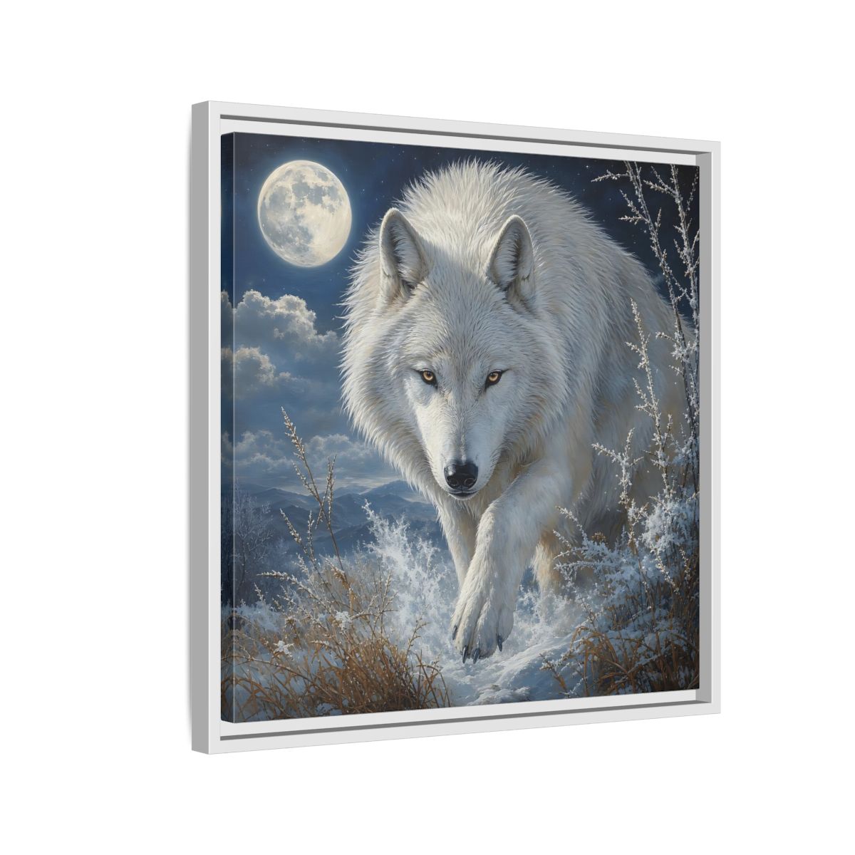 Side Mockup 10. Animals White Wolf White Wolf Snow shown as stretched canvas wall art